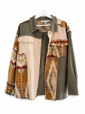 Davi & Dani Small Southwestern Aztec Patchwork Shacket Raw Hem Boho Jacket